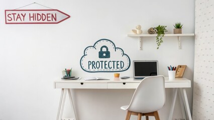 Cozy Home Office Setup with Cloud Security Concept and Decor