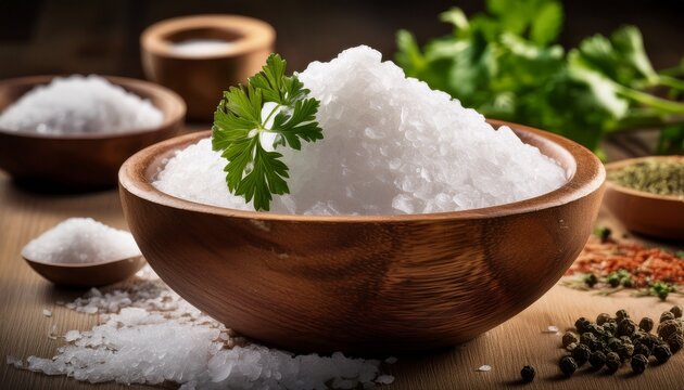 Close Up Of Artisanal Sea Salt Crystals In A Rustic Wooden Bowl Garnished With Fresh Parsley Sprigs Surrounded By Additional Seasoning Ingredients