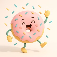 Fototapeta premium Cute pink frosted donut character with sprinkles dancing happily isolated on white background