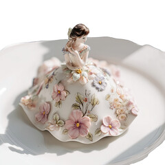Delicate porcelain figurine of a seated lady, adorned with a voluminous, floral gown