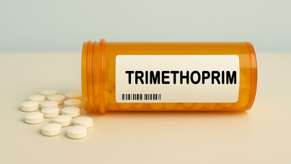 Box of TRIMETHOPRIM tablets on a hospital pharmacy table used to treat bacterial infections an...