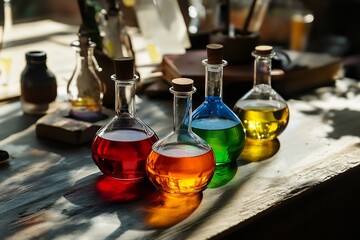 Colorful chemistry liquids laboratory flasks science research equipment on table natural lighting educational materials setup