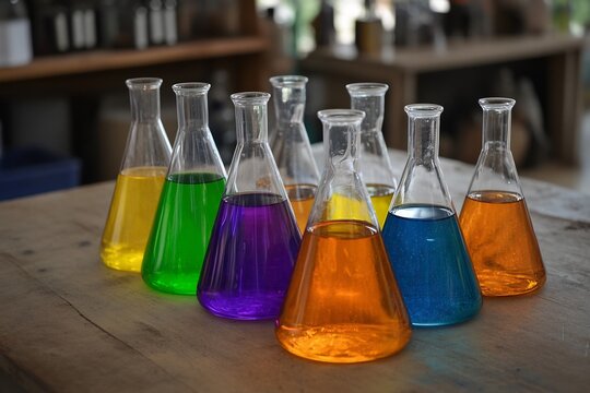 Colorful chemistry liquids laboratory flasks science research equipment on table natural lighting educational materials setup
