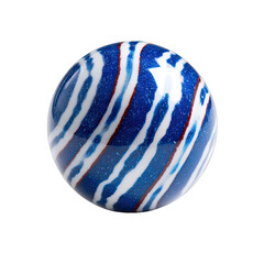 Round, glossy sphere;  blue, white, and red swirly stripes