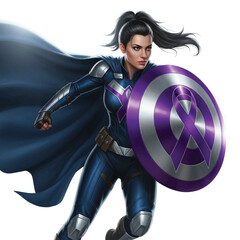 Strong female superhero in armor with shield and cape
