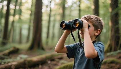 Young boy exploring nature with binoculars in forest landscape  