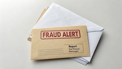 Fraud Alert Envelope and White Envelopes Stacked on Gray Surface