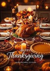 Warm Thanksgiving Feast Awaits A Beautifully Set Table with Turkey Pies and Autumnal Decorations Inviting Celebration and Gratitude