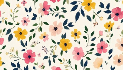 Fototapeta premium The illustration shows a repeating pattern of stylized flowers and leaves in shades of pink, yellow, orange, and dark green against a bright white backdrop.