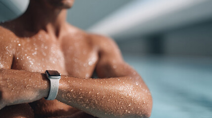 Sweaty, toned male torso wearing a smartwatch. Focus on health, fitness, and technology. Perfect for lifestyle, sports, wellness, and wearable tech campaigns.