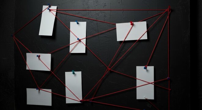 Detective board with blank notes and red strings