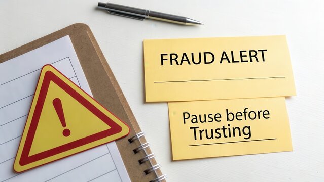 Fraud Alert Warning Sign with Pen and Notepad on Table Surface