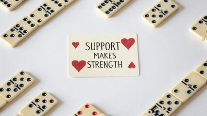 Support Makes Strength Message Surrounded by Dominoes on White Background