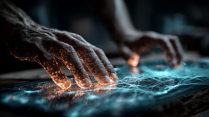 Hands-free close-up of futuristic AI interface holograms floating over a dark workspace, cool blue tones, intricate data visualisation, tech ambience