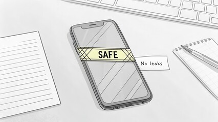 Phone on Desk with Safe Label and No Leaks Note in Office Setting