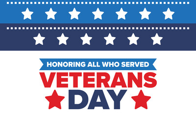 Veterans Day in United States. Federal holiday, celebrated annual in November 11. Honoring all who served. Patriotic american military concept. Poster, card, banner and background. Vector illustration