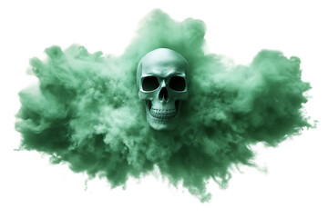 Human Skull Emerging From Green Smoke Cloud explosion isolated on a transparent background