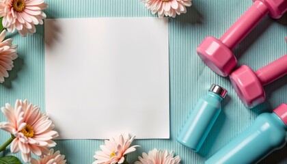 Pink dumbbells, water bottle, and blank sheet surrounded by flowers, template for fitness, workout or health goals