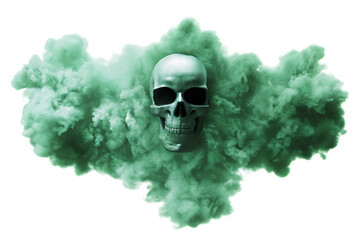 Human Skull Emerging From Green Smoke Cloud explosion isolated on a transparent background