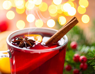 Steaming Mulled Wine with Cinnamon Stick, Star Anise, and Orange Slice in a Red Mug.
