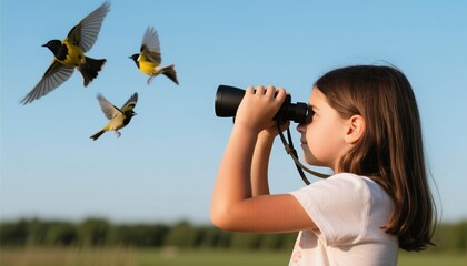 Young girl birdwatching with binoculars while watching flying birds  