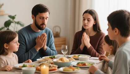 Family praying together before dinner at table in cozy dining room  