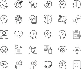 Minimal outline icon set featuring mental wellness, psychology therapy, emotional care, lifestyle balance, hospital healthcare, stress relief, mindfulness meditation, recovery.