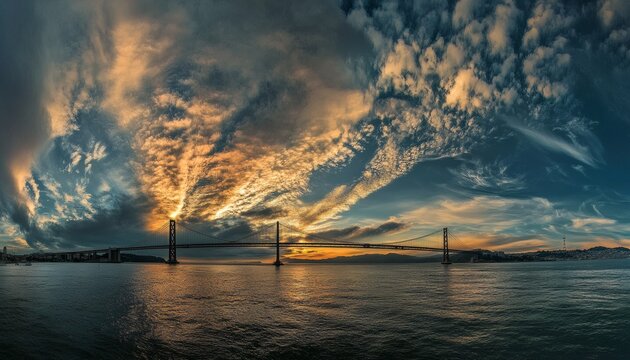 A suspension bridge spans a body of water under a colorful sunset sky filled with dramatic cloud formations.