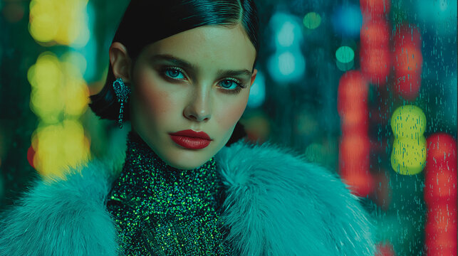 Futuristic time warp: mixing roaring twenties fashion with neon futuristic city background, retro-futurism clash, stylised lighting - Powered by Adobe