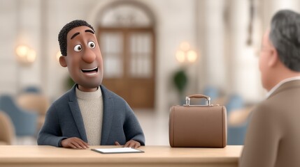 Animated hotel reception scene with guest checking in, copy space