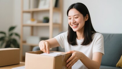 Young woman smiling while unpacking a cardboard box at home  