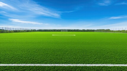 Obraz premium Empty green soccer field with artificial turf under blue sky