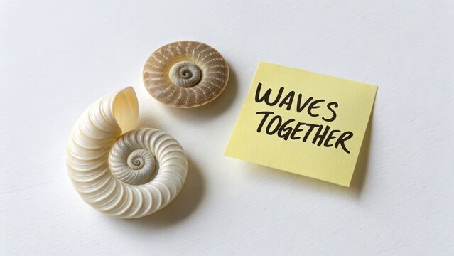 Two Nautilus Shells with Yellow Sticky Note Saying Waves Together