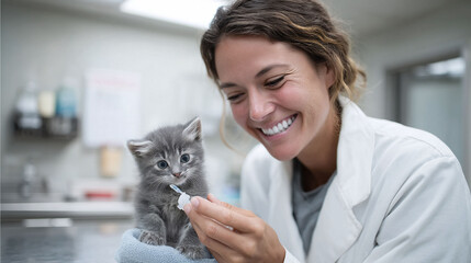 A compassionate vet administers medicine to a sweet kitten. Symbolizes care, health, and wellbeing. Ideal for petrelated articles, healthcare, or heartwarming stories.