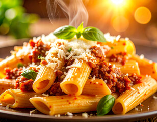 Steaming Rigatoni Bolognese with Basil and Parmesan on Plate
