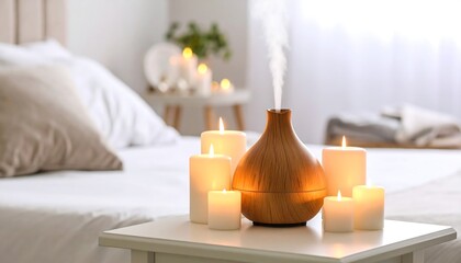 Aromatic bedroom scene with candles and diffuser