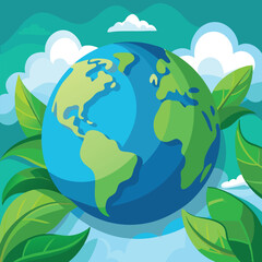Fototapeta premium Earth surrounded by green leaves and clouds planet