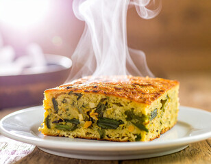 Steaming Slice of Savory Cake with Greens on White Plate, Wooden Table