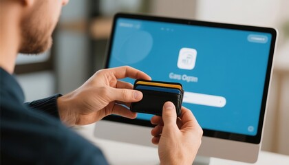 Man using credit card to make online payment on computer screen  