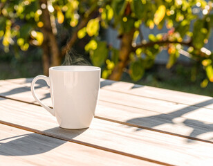 Steaming White Mug on Wooden Table with Green Bokeh Background