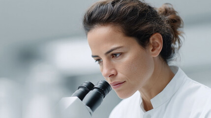 Focused female scientist intensely examines a sample through a microscope. Symbolizes research, discovery, medicine,  innovation. Perfect for science, health, or tech.