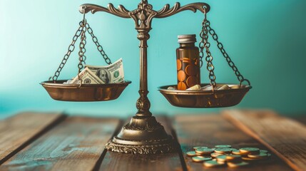 scales on a wooden table, pills on one bowl, money on the other, the concept of high drug prices, blue background