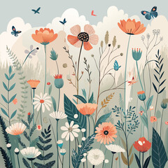 Enchanting Garden Scene with Butterflies and Dragonflies
