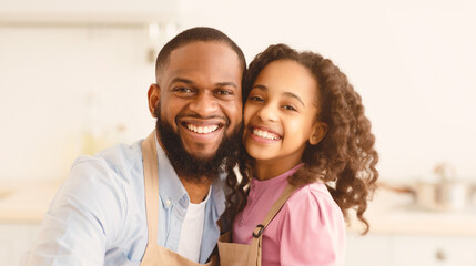Capturing Moment. Close up portrait of African American relatives family wearing aprons hugging and looking at camera, posing at kitchen. Loving caring daughter embracing her bearded dad and smiling