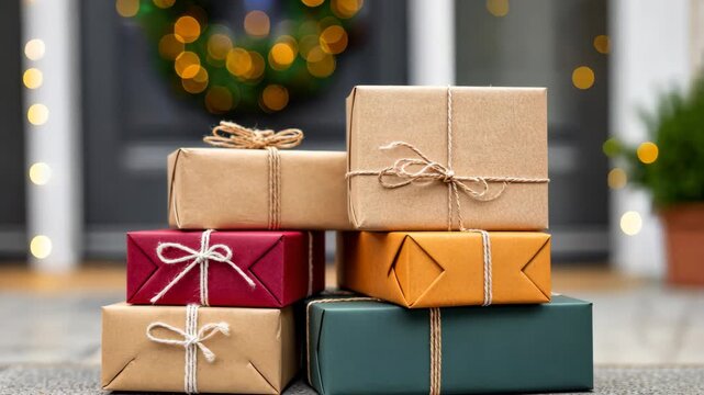 Cozy holiday gift stack in festive outdoor setting with twinkling lights