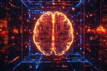 Glowing digital brain in futuristic dark cyber environment with red and blue lights