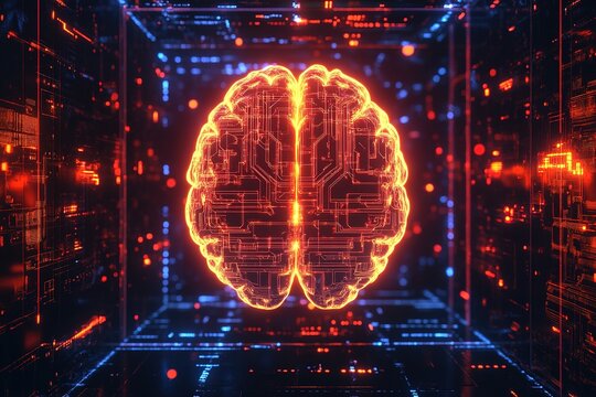 Glowing digital brain in futuristic dark cyber environment with red and blue lights