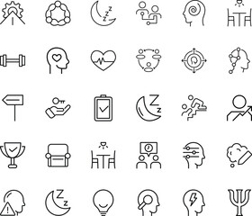 Outline vector icons pack featuring psychology therapy, stress management, lifestyle wellness, sleep cycle, teamwork collaboration, mindfulness, goal setting, human growth, medical support