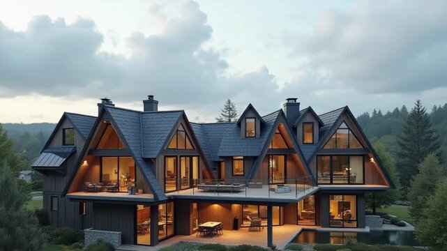 Aerial view Modern A-Frame Houses with Expansive Glass Windows Under Cloudy Sky