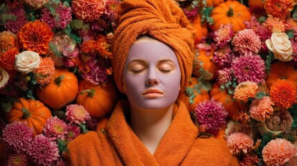 woman with halloween face mask pumpkins and flowers in background eyes closed peaceful spa treatment